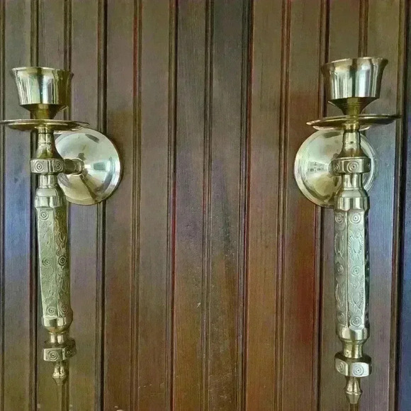 Pair-Lacquered Brass Torchiere Sconces - Picture 2 of 9